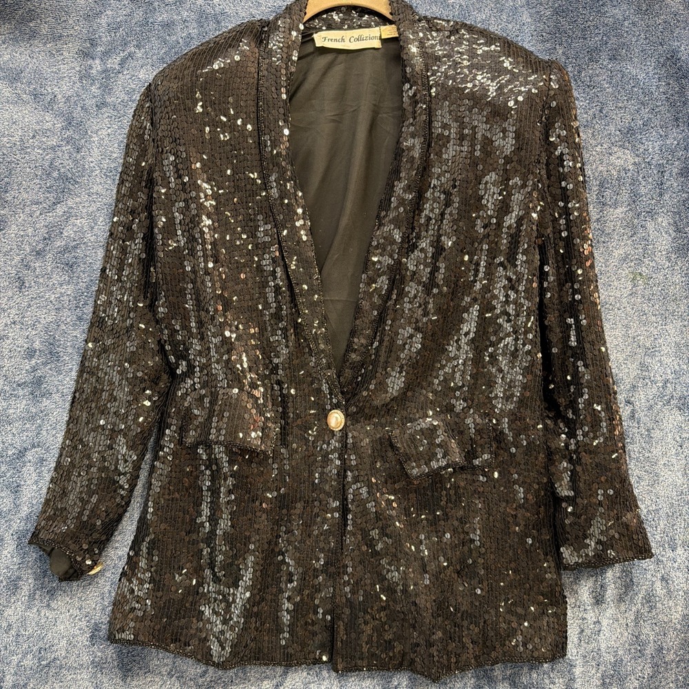 Vintage‎ French Collizioni Sequin Blazer Black Silk Glam Evening Jacket Large